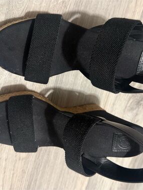 Tory Burch Black Fabric Strap Espadrille Wedges